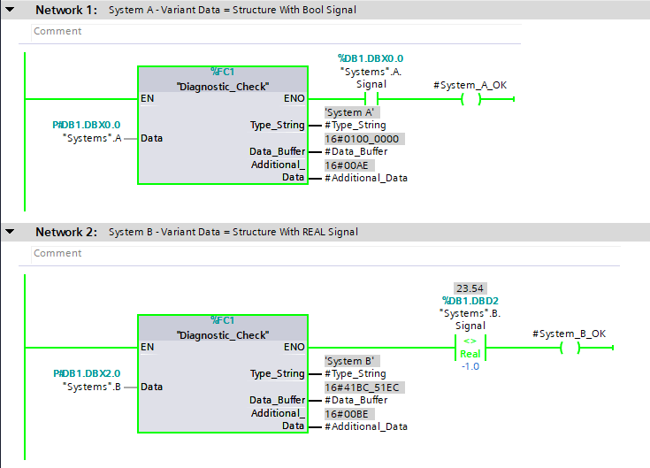 Example of Variants in Siemens TIA Portal Shown In Ladder Logic With 2 Variants