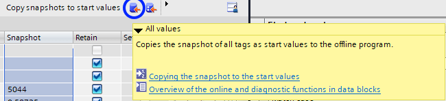 Siemens TIA Portal Copy Snapshots To Start Values button