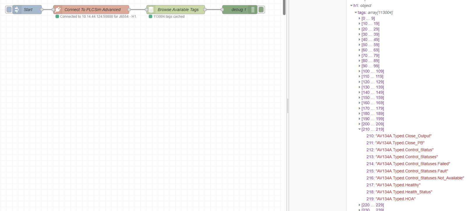 Node-RED debug and context sidebar showing the browsed PLC tags stored in context