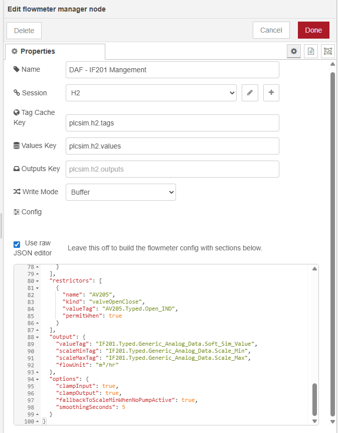 Node-RED flowmeter manager node editor showing the JSON config on the node itself