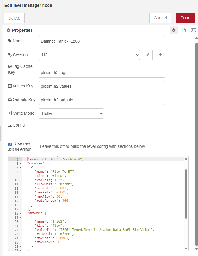 Node-RED level manager node editor showing the balance tank configuration