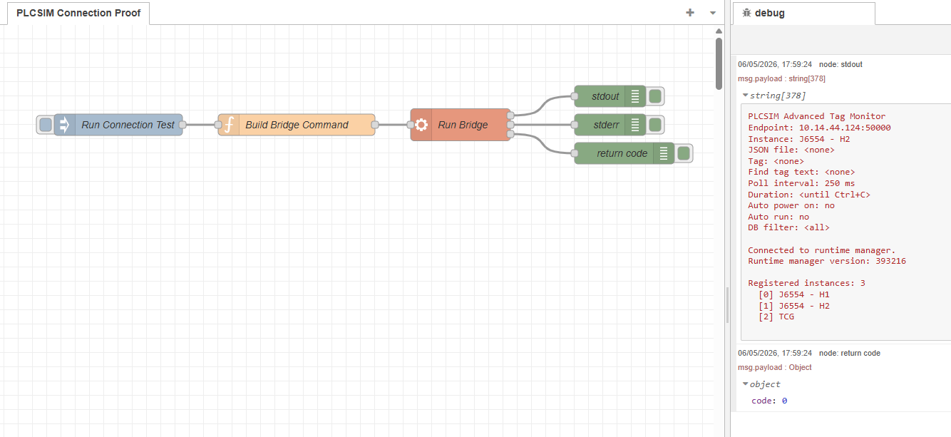 Early Node-RED connection proof flow showing inject, function, exec, and debug nodes