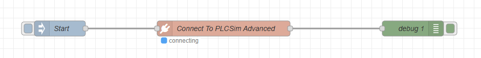 Node-RED flow showing a start node connected to a Connect To PLCSim Advanced node and a debug node