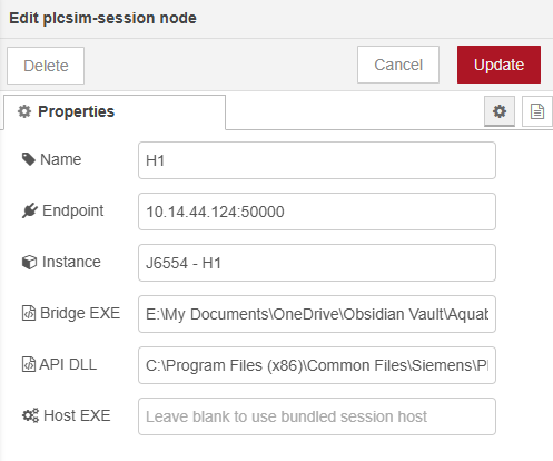 Editor view of the plcsim session node showing endpoint, instance, bridge executable, API DLL, and host executable settings